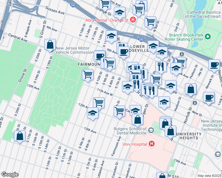 map of restaurants, bars, coffee shops, grocery stores, and more near 47 South 7th Street in Newark