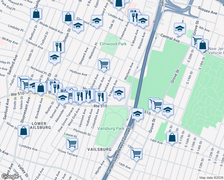 map of restaurants, bars, coffee shops, grocery stores, and more near 71 North Munn Avenue in Newark