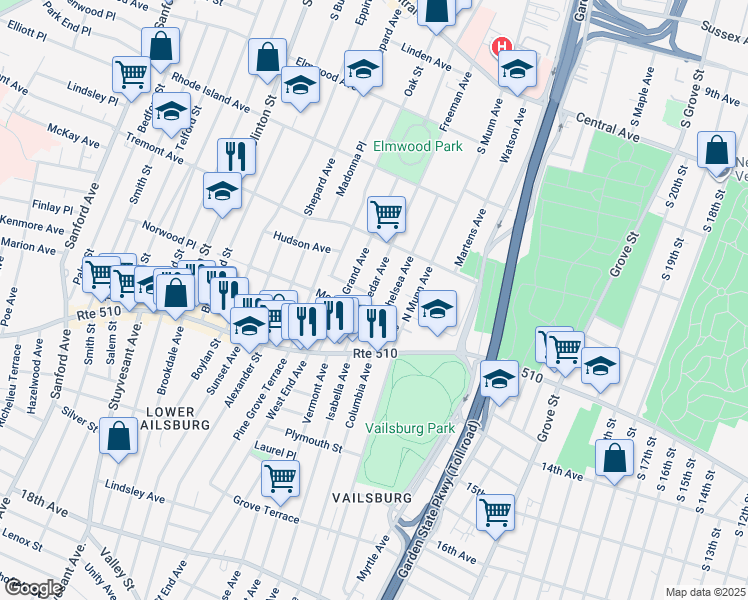 map of restaurants, bars, coffee shops, grocery stores, and more near 78 Cedar Avenue in Newark