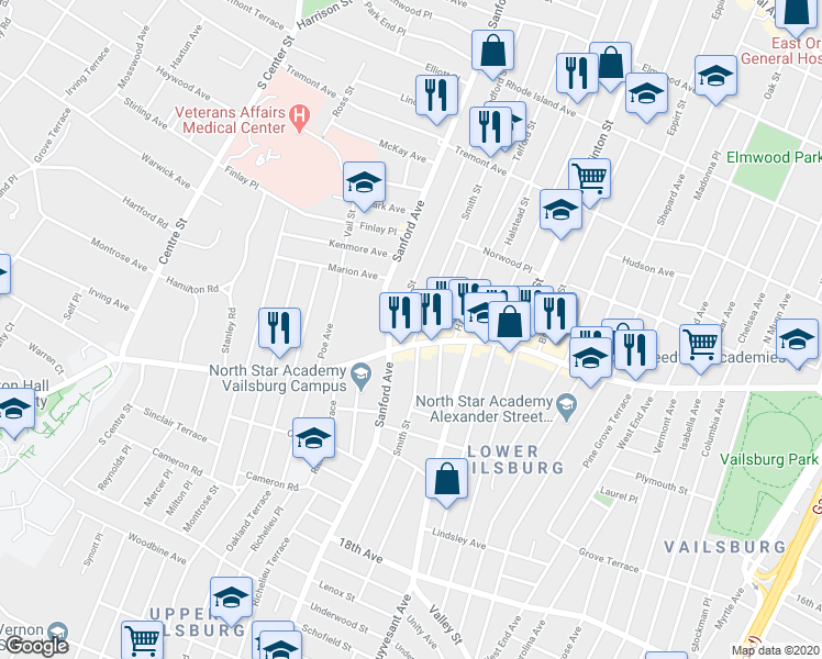 map of restaurants, bars, coffee shops, grocery stores, and more near 133 Smith Street in Newark
