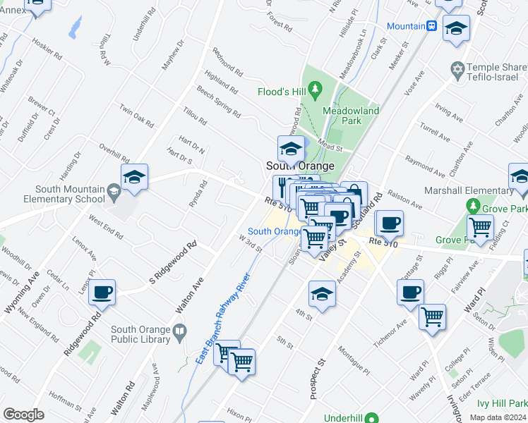 map of restaurants, bars, coffee shops, grocery stores, and more near 200 South Orange Avenue in South Orange