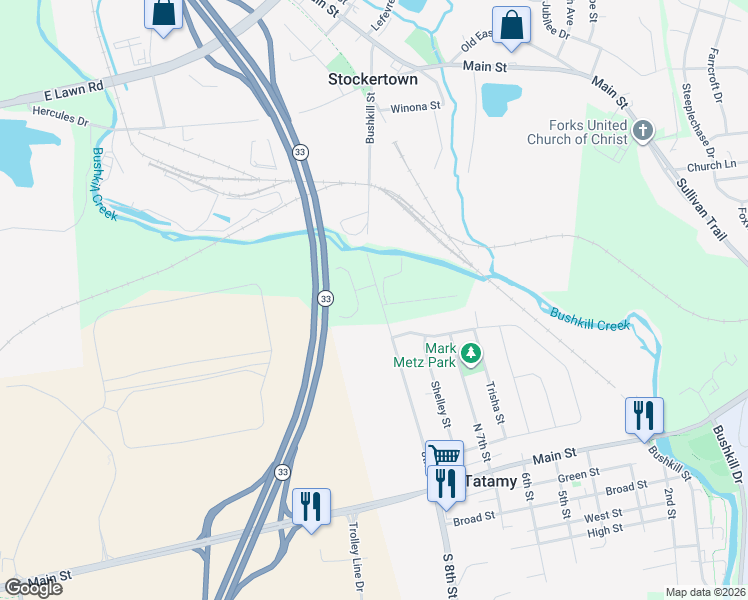 map of restaurants, bars, coffee shops, grocery stores, and more near 1540 Tatamy Road in Easton