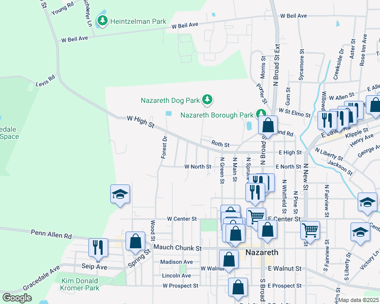 map of restaurants, bars, coffee shops, grocery stores, and more near 242 Hillside Avenue in Nazareth