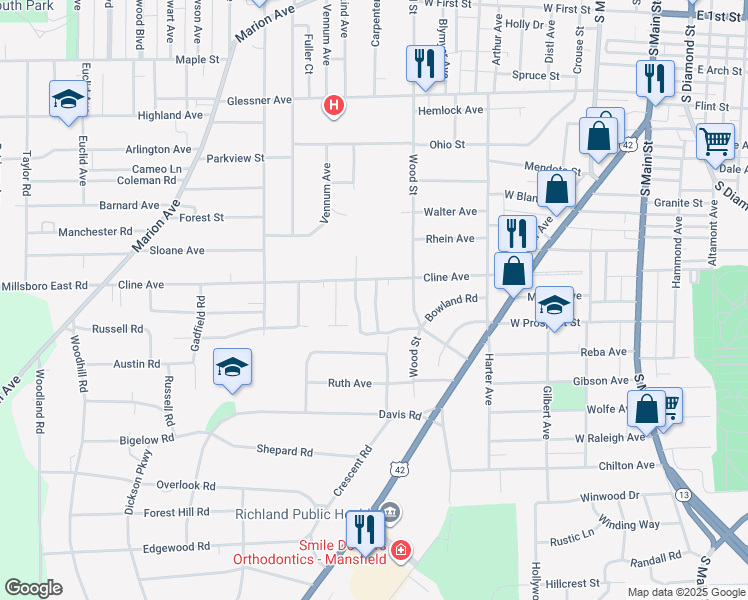 map of restaurants, bars, coffee shops, grocery stores, and more near 339 Cline Avenue in Mansfield