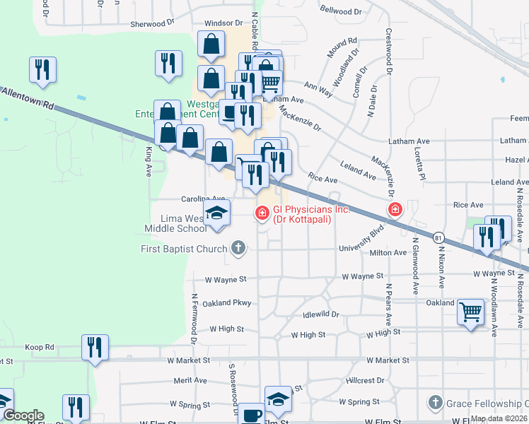map of restaurants, bars, coffee shops, grocery stores, and more near 601-669 N Cable Rd in Lima