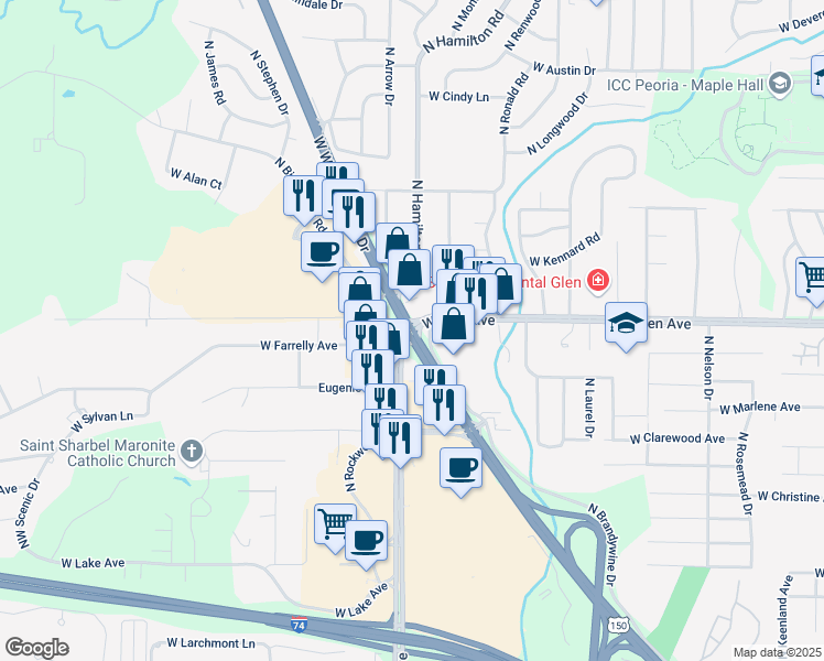 map of restaurants, bars, coffee shops, grocery stores, and more near 2427 West Northland Avenue in Peoria