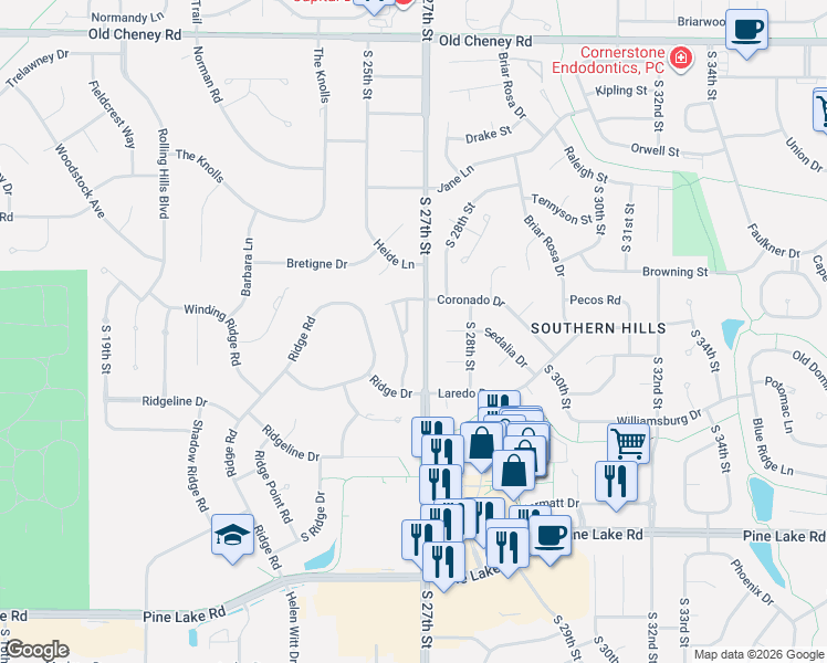 map of restaurants, bars, coffee shops, grocery stores, and more near 2701 Coronado Drive in Lincoln