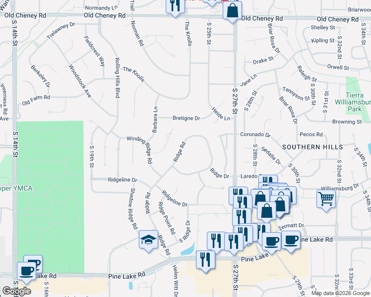 map of restaurants, bars, coffee shops, grocery stores, and more near 2422 Ridge Road in Lincoln