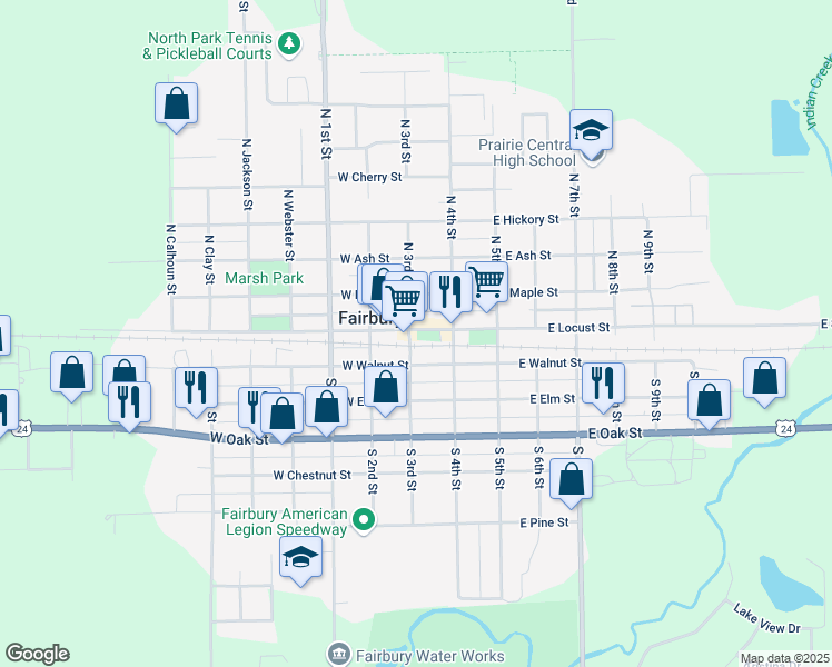 map of restaurants, bars, coffee shops, grocery stores, and more near 101 East Locust Street in Fairbury