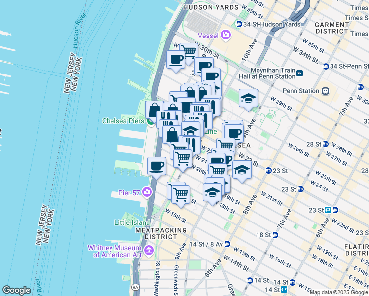 map of restaurants, bars, coffee shops, grocery stores, and more near 511 West 21st Street in New York
