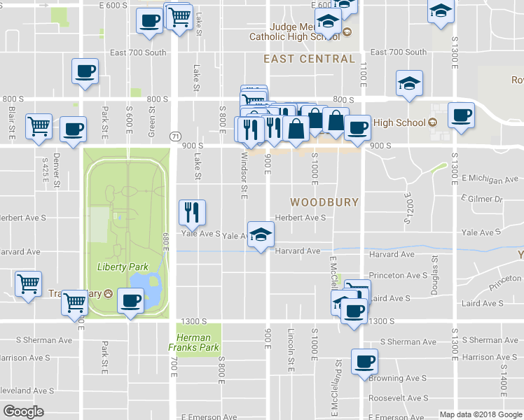 map of restaurants, bars, coffee shops, grocery stores, and more near 1022 South 900 East in Salt Lake City