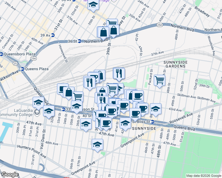 map of restaurants, bars, coffee shops, grocery stores, and more near 41-15 39th Place in Queens