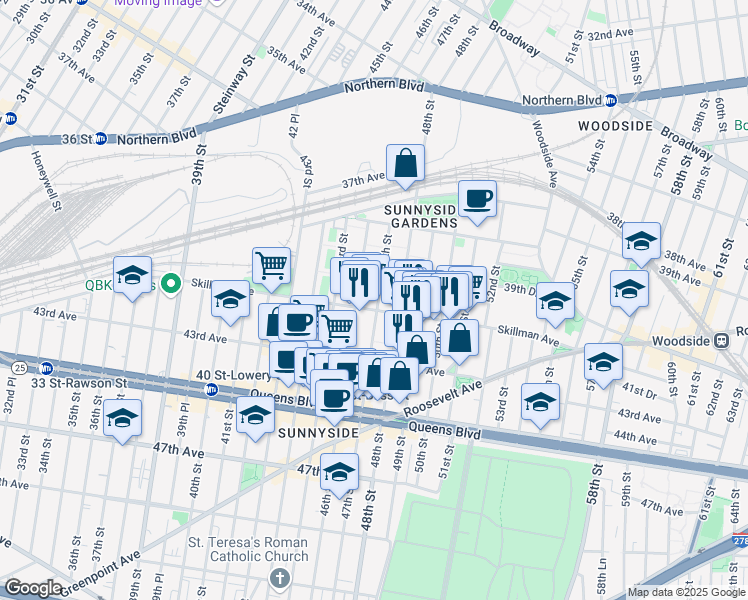 map of restaurants, bars, coffee shops, grocery stores, and more near 39-48 47th Street in Queens