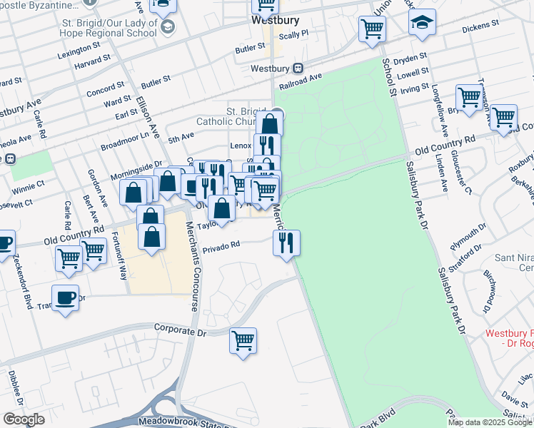 map of restaurants, bars, coffee shops, grocery stores, and more near 61 Old Country Road in Westbury