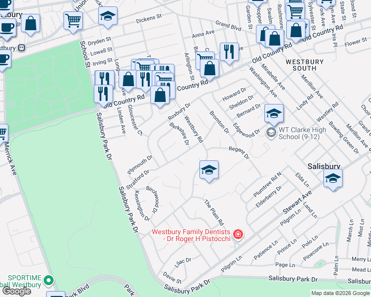 map of restaurants, bars, coffee shops, grocery stores, and more near 866 Berkshire Drive in Westbury