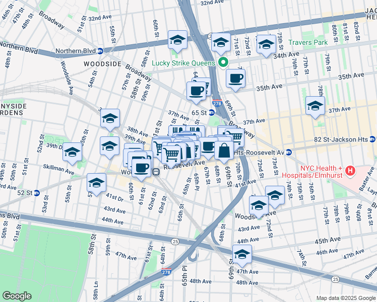 map of restaurants, bars, coffee shops, grocery stores, and more near 37-43 64th Street in Queens