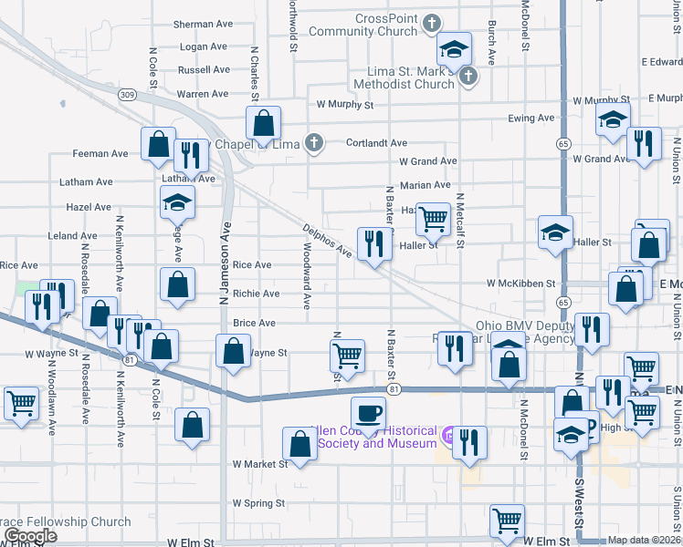 map of restaurants, bars, coffee shops, grocery stores, and more near 800-824 Delphos Ave in Lima