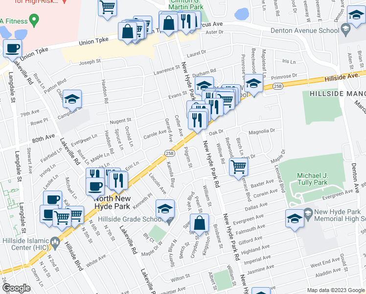 map of restaurants, bars, coffee shops, grocery stores, and more near 11 Pilgrim Street in New Hyde Park