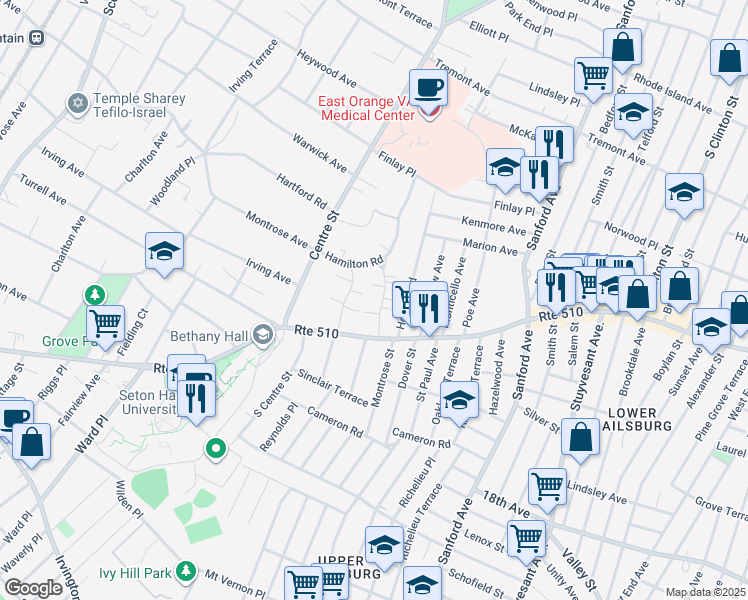 map of restaurants, bars, coffee shops, grocery stores, and more near 52 Stanley Road in South Orange