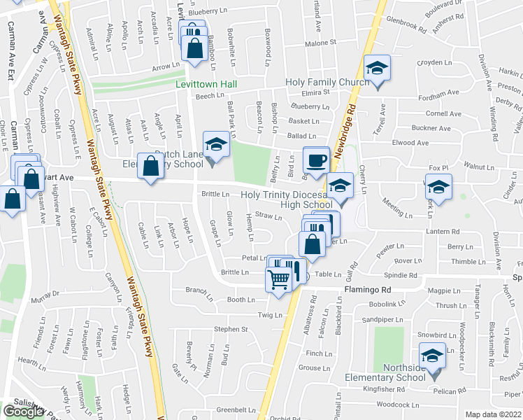 map of restaurants, bars, coffee shops, grocery stores, and more near 1 Key Lane in Hicksville