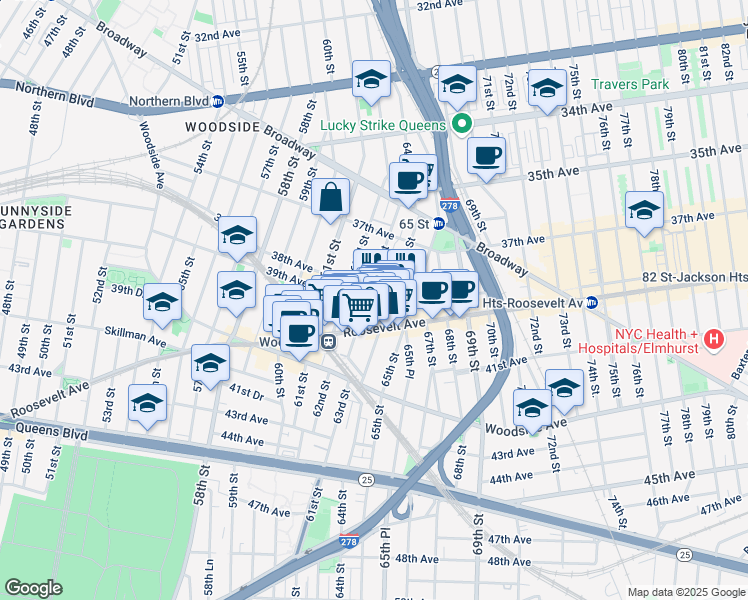 map of restaurants, bars, coffee shops, grocery stores, and more near 37-56 63rd Street in Queens