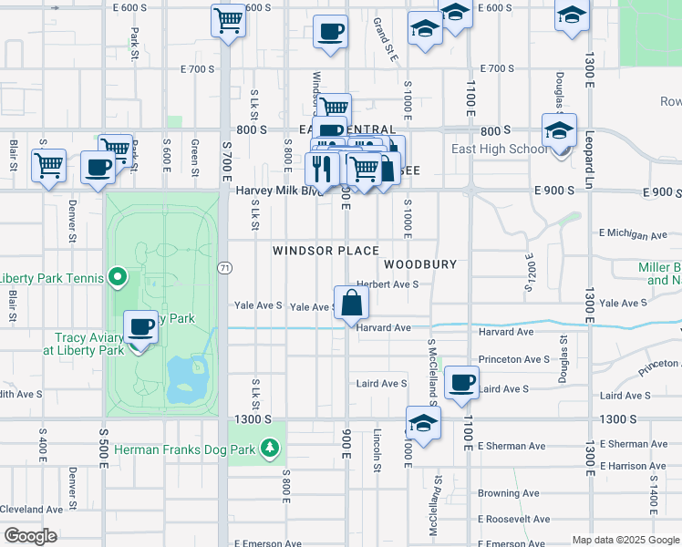 map of restaurants, bars, coffee shops, grocery stores, and more near 1022 South 900 East in Salt Lake City