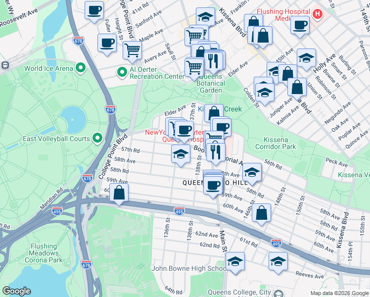 map of restaurants, bars, coffee shops, grocery stores, and more near 136-20 Booth Memorial Avenue in Queens