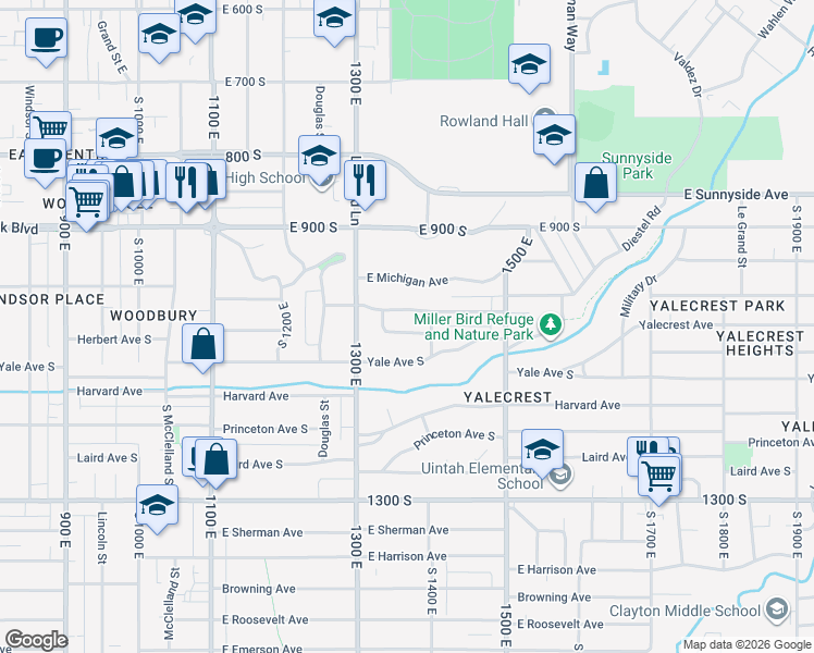map of restaurants, bars, coffee shops, grocery stores, and more near 1363 Thornton Avenue in Salt Lake City