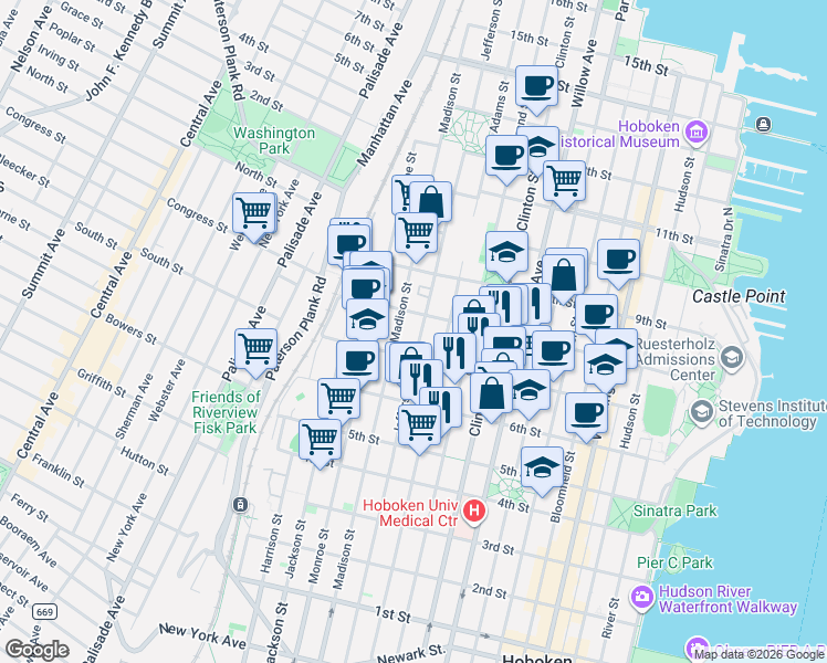 map of restaurants, bars, coffee shops, grocery stores, and more near 480 8th Street in Hoboken