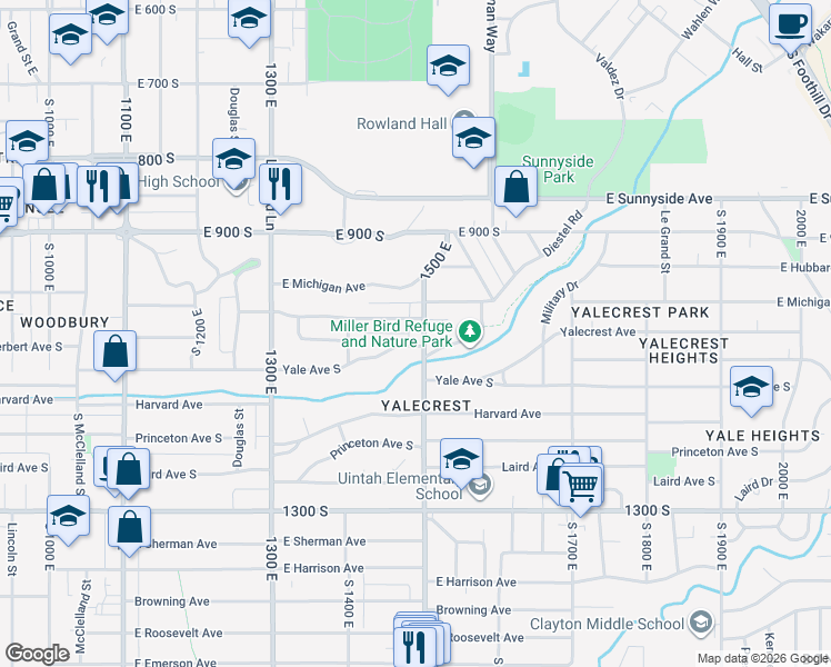 map of restaurants, bars, coffee shops, grocery stores, and more near 1016 South 1500 East in Salt Lake City