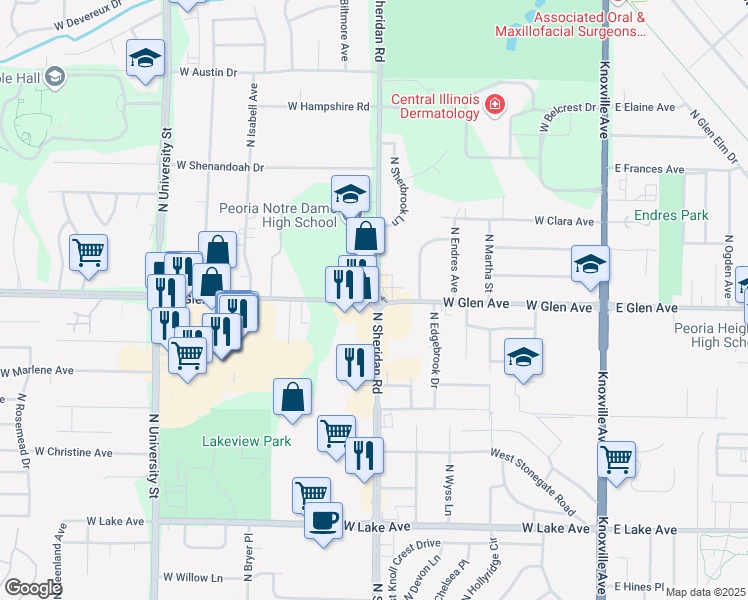 map of restaurants, bars, coffee shops, grocery stores, and more near 4924 North Everts Court in Peoria