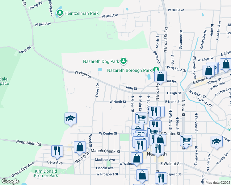 map of restaurants, bars, coffee shops, grocery stores, and more near 239 Greenwood Avenue in Nazareth