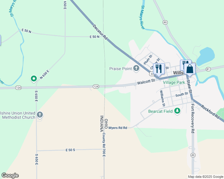 map of restaurants, bars, coffee shops, grocery stores, and more near 1070 Ohio 81 in Willshire