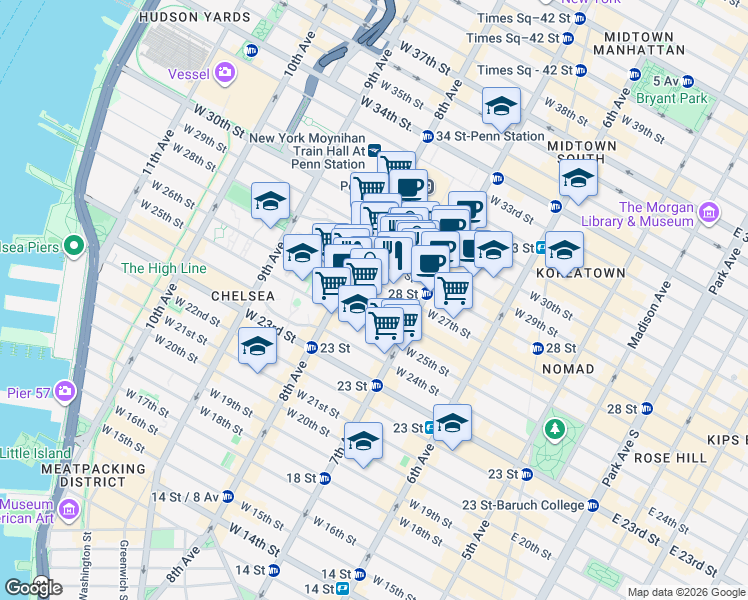map of restaurants, bars, coffee shops, grocery stores, and more near 233 West 26th Street in New York