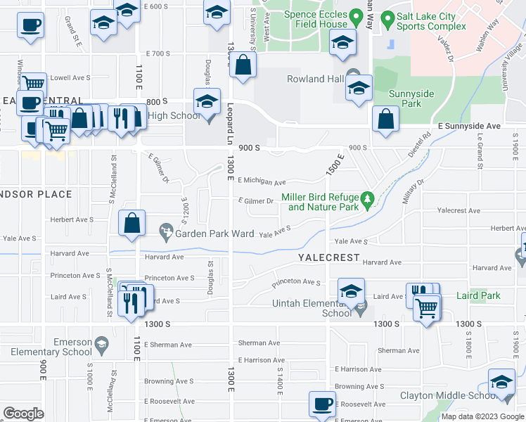 map of restaurants, bars, coffee shops, grocery stores, and more near 1363 Thornton Avenue in Salt Lake City