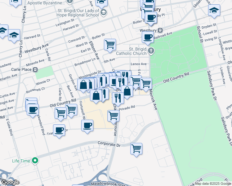 map of restaurants, bars, coffee shops, grocery stores, and more near 5 Ellison Avenue in Westbury