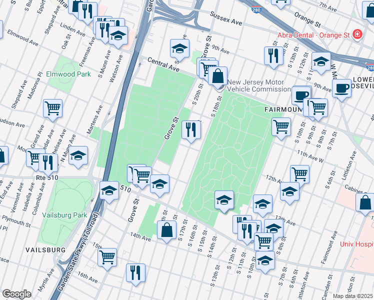 map of restaurants, bars, coffee shops, grocery stores, and more near 288 South 19th Street in Newark