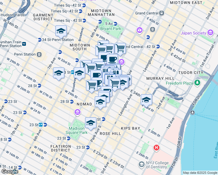 map of restaurants, bars, coffee shops, grocery stores, and more near 185 Madison Avenue in New York