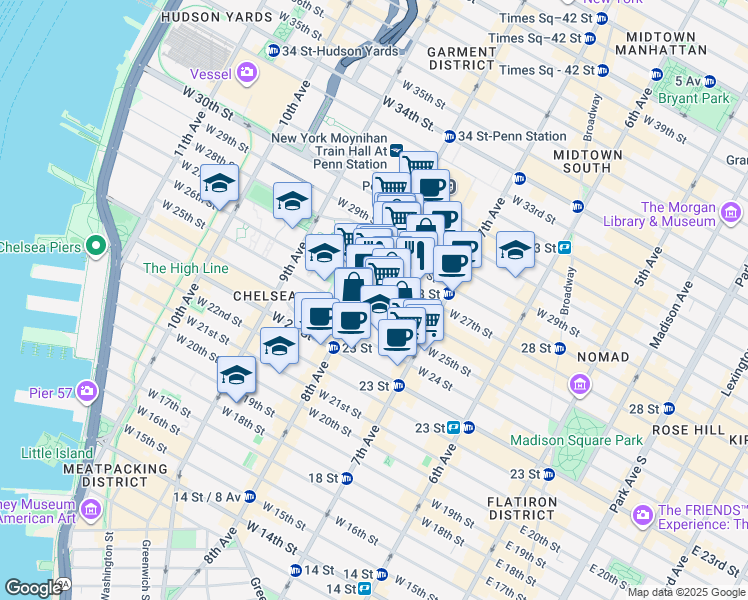 map of restaurants, bars, coffee shops, grocery stores, and more near 260 West 26th Street in New York