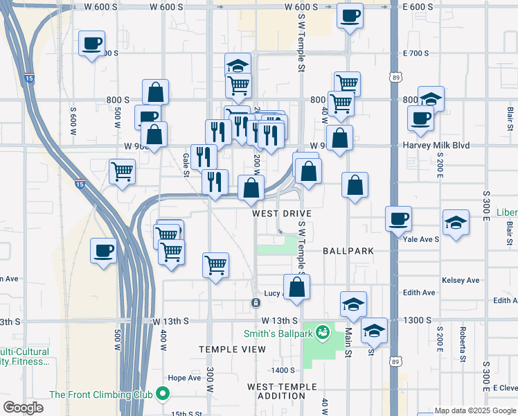 map of restaurants, bars, coffee shops, grocery stores, and more near 1015 South 200 West in Salt Lake City