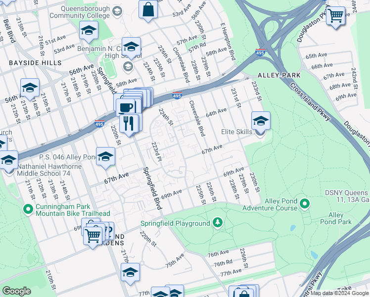 map of restaurants, bars, coffee shops, grocery stores, and more near 65-37 224th Street in Queens