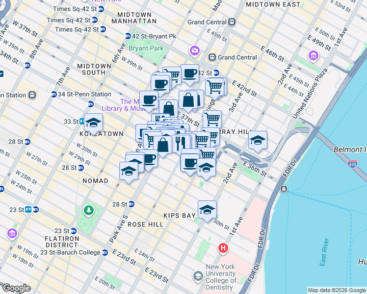 map of restaurants, bars, coffee shops, grocery stores, and more near 132 East 35th Street in New York