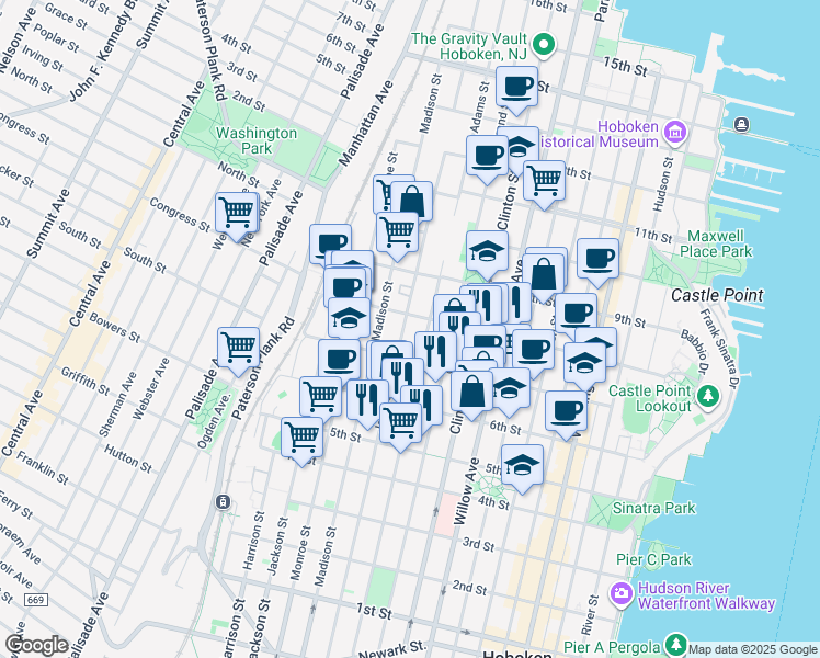 map of restaurants, bars, coffee shops, grocery stores, and more near 725 Jefferson Street in Hoboken