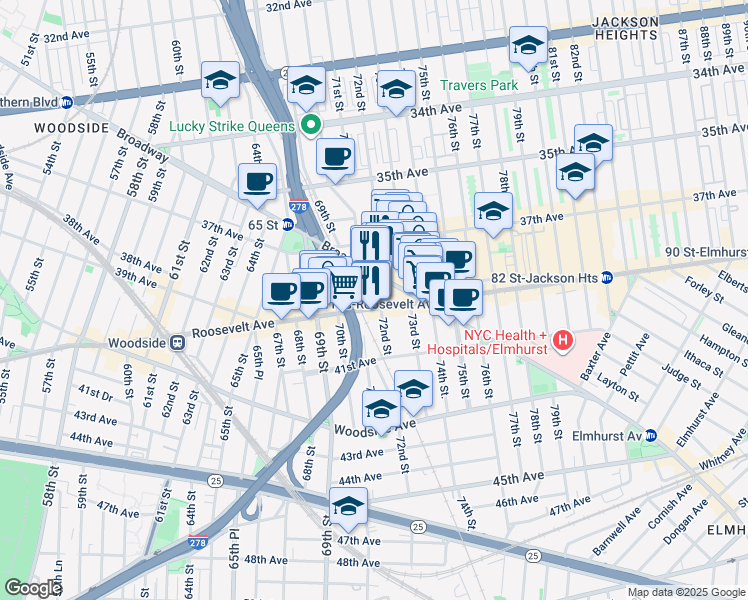 map of restaurants, bars, coffee shops, grocery stores, and more near 6922 Roosevelt Avenue in Queens