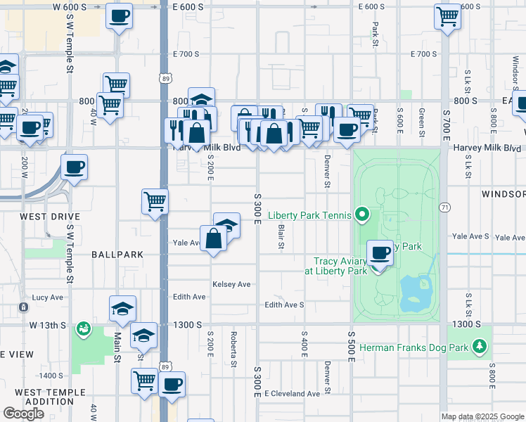map of restaurants, bars, coffee shops, grocery stores, and more near 1019 South 300 East in Salt Lake City