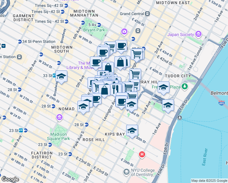 map of restaurants, bars, coffee shops, grocery stores, and more near 115 East 34th Street in New York