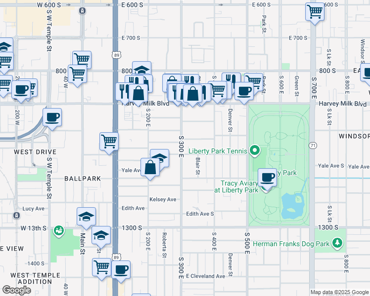 map of restaurants, bars, coffee shops, grocery stores, and more near 1019 South 300 East in Salt Lake City