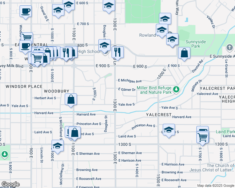 map of restaurants, bars, coffee shops, grocery stores, and more near 1021 South 1300 East in Salt Lake City