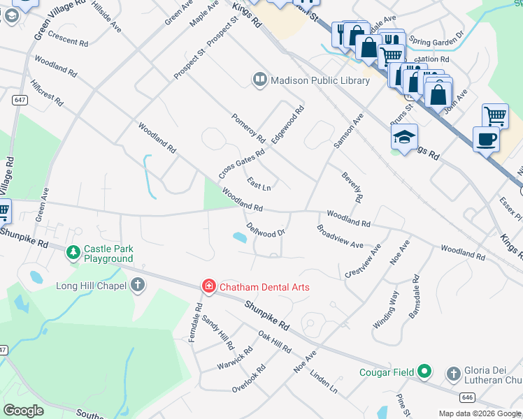 map of restaurants, bars, coffee shops, grocery stores, and more near 46 East Lane in Madison
