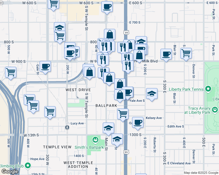 map of restaurants, bars, coffee shops, grocery stores, and more near 100 South Main Street in Salt Lake City